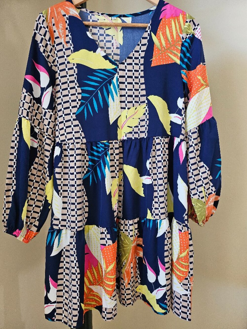 Tropical Print Tiered Sleeve Swim Cover Up Dress Sz S